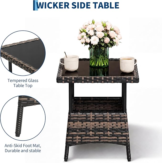 Outdoor Wicker Rocking Chair Set of 3 Pieces, Patio Furniture with Rattan Rocker Chairs, Glass-Top Coffee Table and Beige Washable Cushions for Garden, Balcony, Porch (Brown Wicker & Beige Cushions)