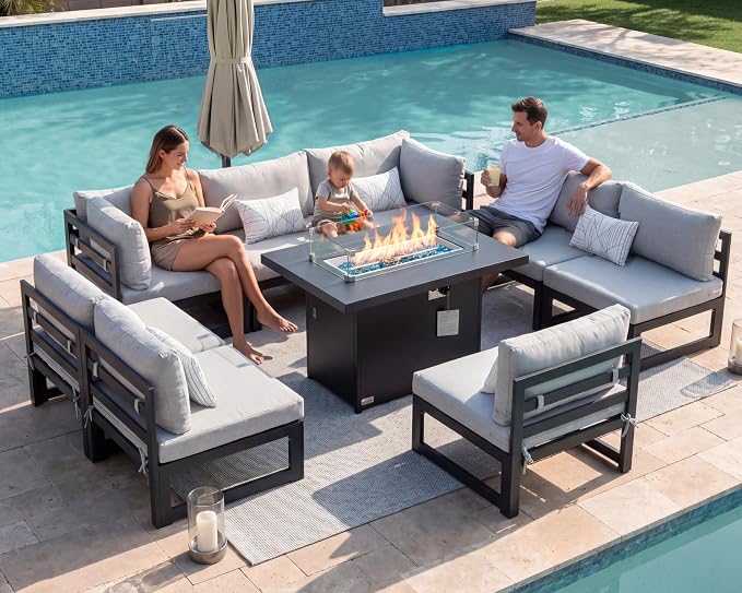 RADIATA 9 Piece Oversized Modular Outdoor Furniture Set with Fire Pit Table, 29 inch Deep Wide Sectional Seating, Heavy Duty Aluminum Frame for 500 lbs, Patio Conversation Set for Poolside, Light Gray