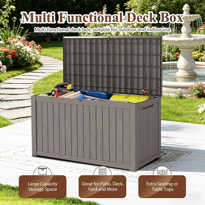 180 Gallon Outdoor Deck Boxes, IP68 Waterproof Outdoor Storage Box with Hydraulic Lid Support, Outside Resin Container for Furniture, Toy, Shoe, Garden & Patio Tools Storage -Brown