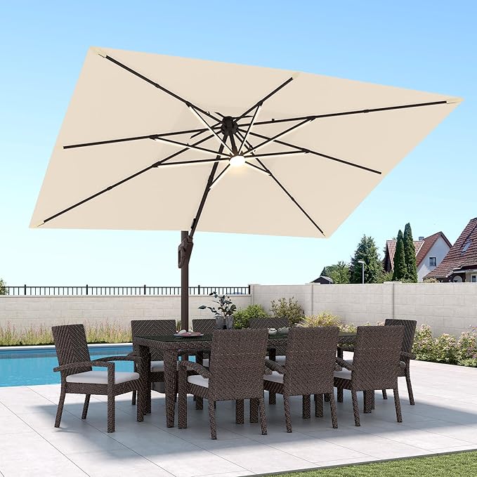 9 X 12 FT Cantilever Patio Umbrella with Led Lights Outdoor Heavy Duty Double Top Rectangle Offset Umbrellas with 360-degree Rotation for Pool Deck Backyard, Beige