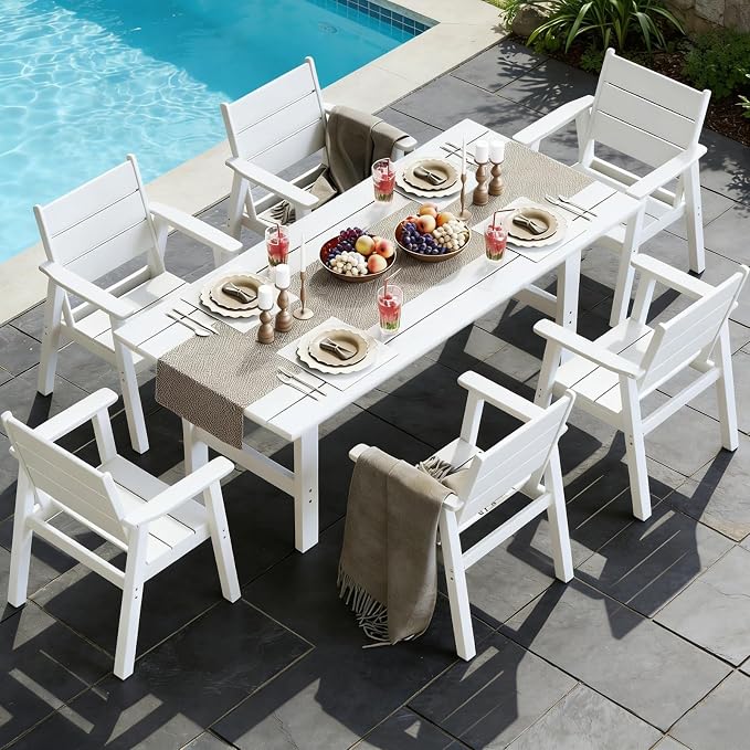 Outdoor Dining Set for 6, 7-Piece Patio Table and Chairs Set, HDPE Outdoor Dining Table and Chairs with Umbrella Hole, All-Weather Dining Furniture Set,White