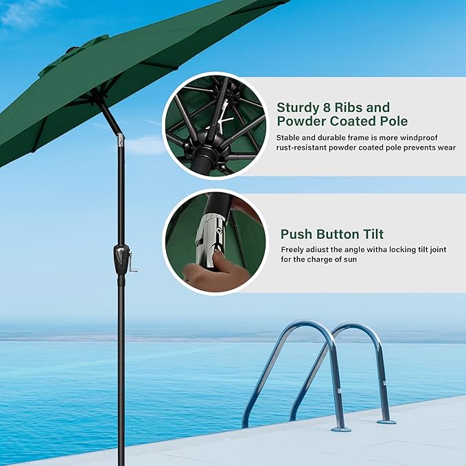 HealSmart 9' Patio Table Umbrella with Button Tilt, 8 Sturdy Ribs, 50lbs Base Stand Included, for Garden, Backyard, Deck, Pool, Green