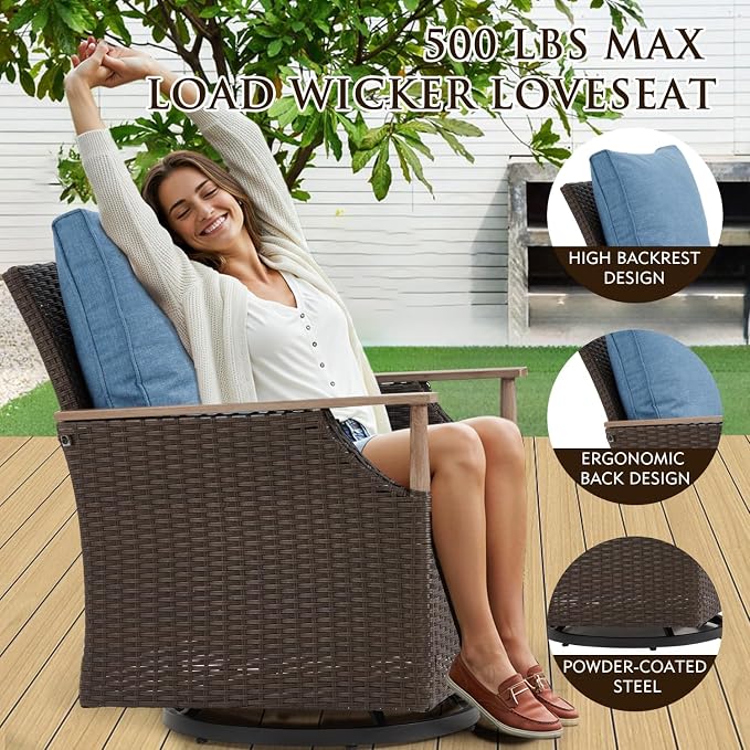 MELLCOM Patio Furniture Set of 3, Wicker Swivel Glider Chairs with Side Table and Thick Cushions, All Weather Rattan Bistro Set for for Patio, Garden, Backyard and Porch