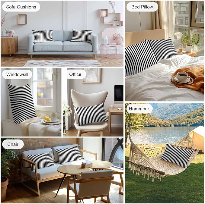 Lumbar Pillow Covers 20x12 Inch Set of 2, Black White Stripe Waterproof Outdoor Cushion Covers, Modern Minimalist Geometric Striped Decorative Pillowcases for Couch, Sofa, Bed, Garden, Patio