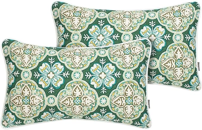 FUNHOME Outdoor Lumbar Pillow Covers 12X20 Inch, No Insert-Green Medal | Patio Lumbar Cases Pack of 2, Water-Repellent, Throw Pillowcase for Couch Garden Furniture