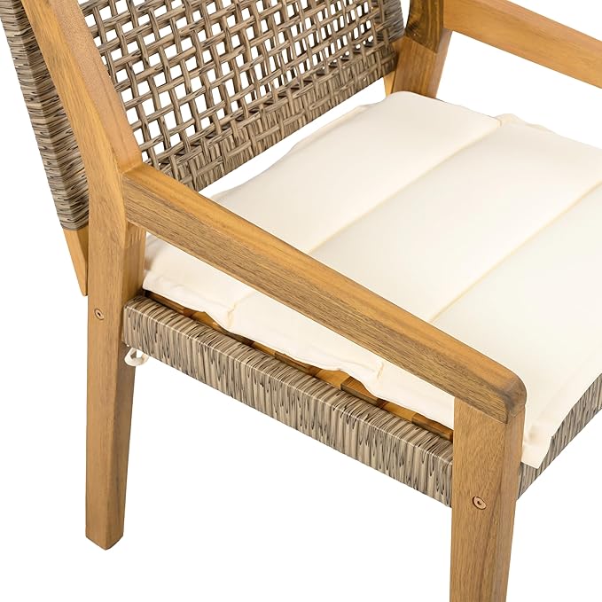 Christopher Knight Home Pelham Wooden Patio Dining Set for 4, Acacia Wood Outdoor Dining Table Set for 4, 5 Piece Outdoor Dining Set with Round Table and Armchair with Seat Cushion, Teak+Beige