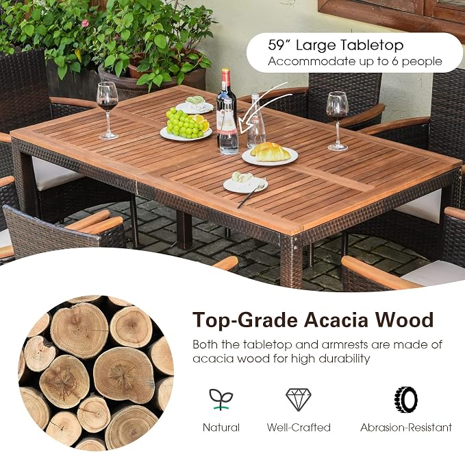 7 Pieces Patio Dining Set Outdoor Dining Set with Umbrella Hole, Wicker Patio Furniture Set with Acacia Wood Table and Chairs, Garden Dining Table Set for Backyard, Desk, Poolside (Brown)