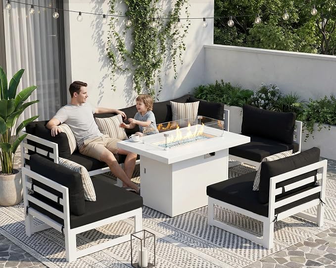 BULEXYARD 7 Piece Luxury Aluminum Outdoor Sectional Sofa with Fire Pit Table, Oversized L Shaped Patio Furniture Set, 29 inch Deep Wide Seating, 500 lbs Heavy Duty Conversation Set for Backyard, Black
