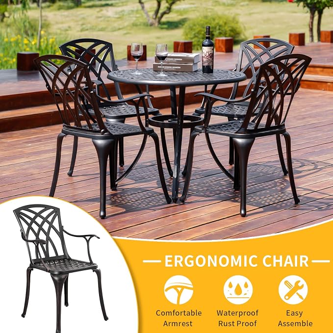 5 Pieces Outdoor Patio Dining Set, 36" Metal Outdoor Dining Set with 1.97" Umbrella Hole, Anti Rust Patio Furniture Set with 4 Chairs and Round Table for Garden, Porch and Poolside, Bronze