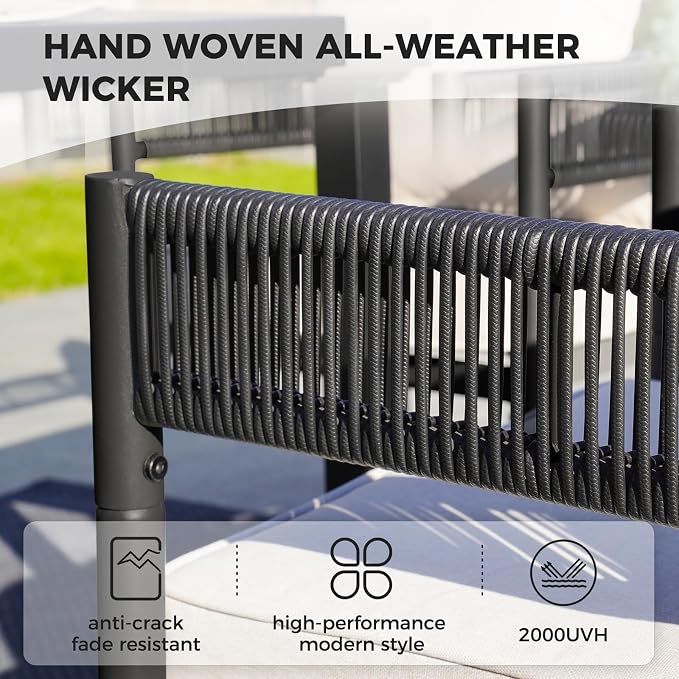 Grand patio 7-Piece Expandable Table Dining Set for 6 to 10, Aluminum Outdoor Dining Table with Glass Tabletop, Metal Woven Wicker Swivel Patio Chairs with Cushions for Yard, Poolside, Deck (Black)
