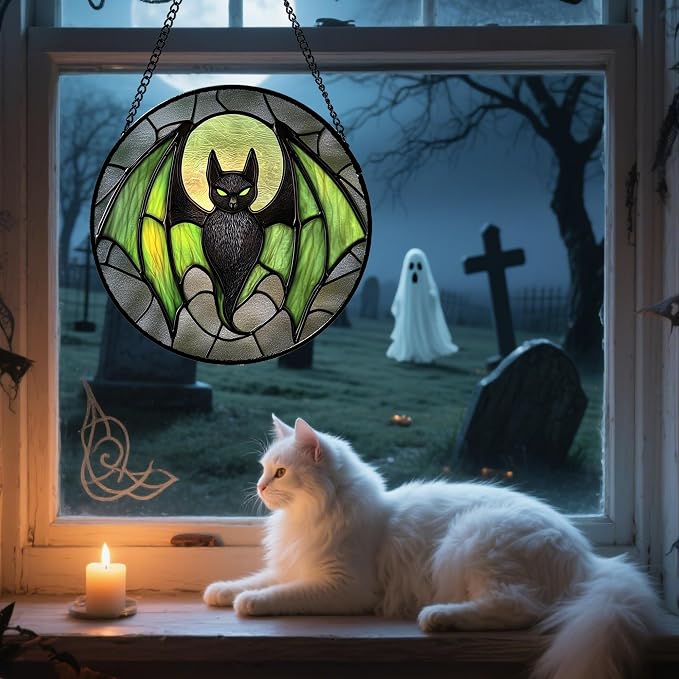 Stained Glass Window Hanging - Halloween Black Bat Green Wings Monster Suncatcher for Doors Garden Home Spooky Sun Catchers Gothic Decor Horror Gift for Women Men Friend Boy Girl 6.3 in