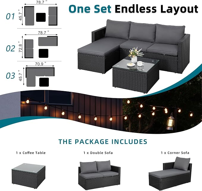 SUNLEI 3 Piece Patio Furniture Set, Outdoor PE Rattan Sectional Sofa Set with Ottoman, Detachable Cushions and Glass Coffee Table, Patio Conversation Set for Backyard Balcony Porch, Black Rattan/Grey