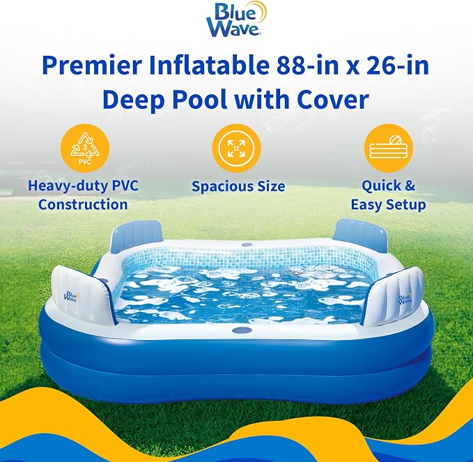 Blue Wave Premier Family Inflatable Pool with Seats – 88-in x 88-in x 26-in Four-Seater Pool for Backyard Fun – Durable 4-Person Inflatable Pool with Cover, Drain Plug & Repair Patch