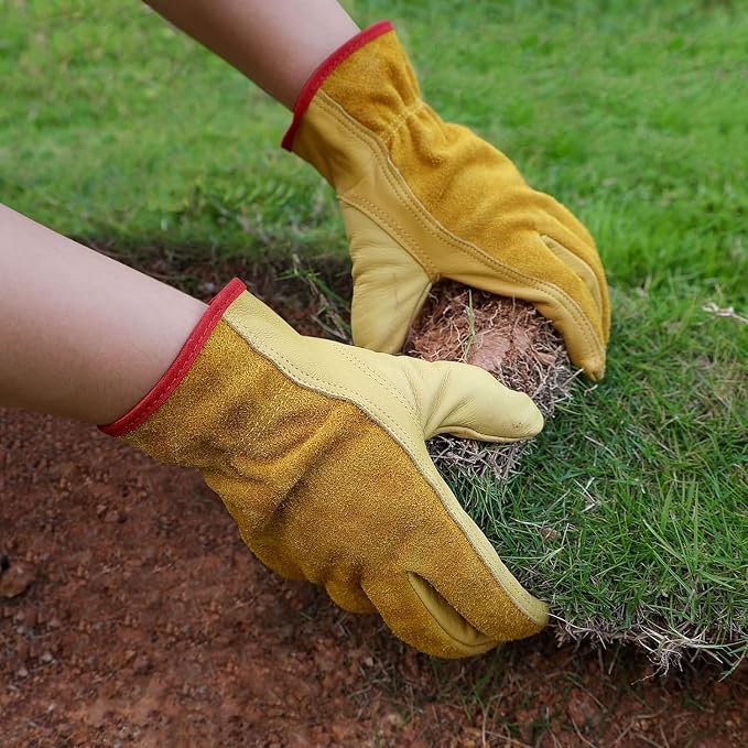 OZERO Cowhide Leather Work Gloves, Gardening, Flex Grip, 3 Pairs, Gold, L | Flexible Grip, Keystone Thumb, Elastic Wrist, Breathable Unlined Comfort for Yard Work, Firewood, Landscaping and Farm Tasks