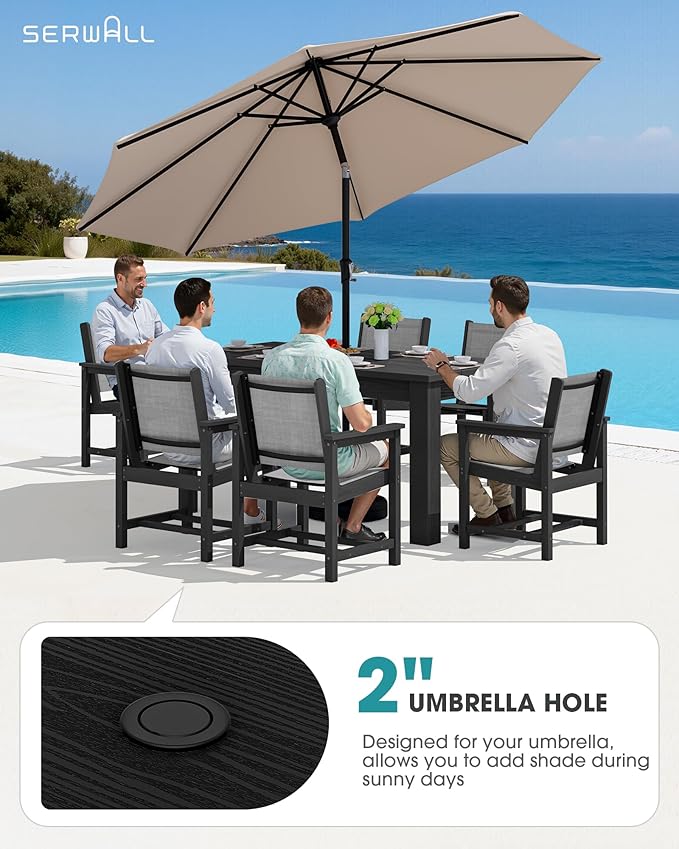 SERWALL 7 Piece Outdoor Dining Sets with 1 Umbrella Hole Cut-Out Rectangular Table and 6 Textilene Chairs, HDPE Dining Sets for 6 Person, Black