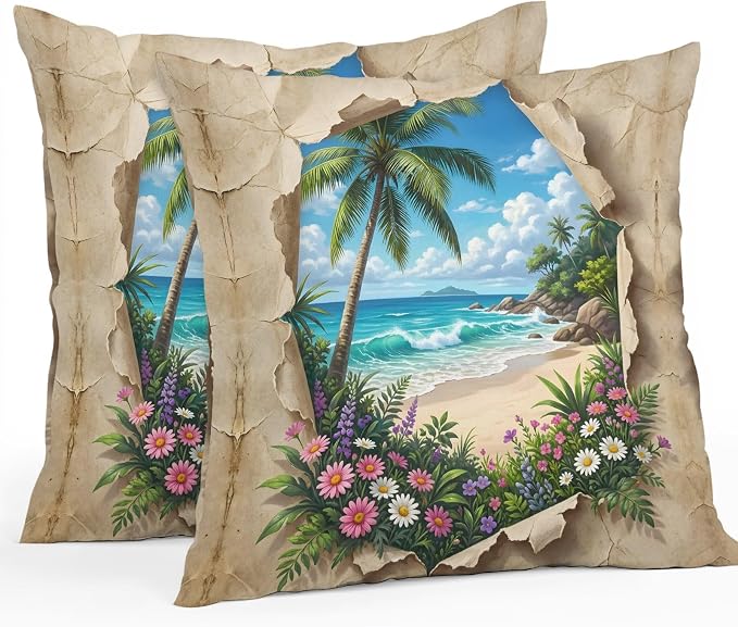 Tropical Floral Botanical Outdoor Pillow Covers 20x20 Inch Throw Pillow Covers Set of 2 Waterproof Decorative Pillow Cases Palm Tree Summer Beach Cushion Covers for Patio Furniture Garden Couch Sofa