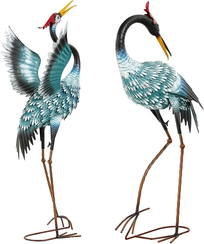 36.8" Metal Crane Statue, Blue Heron Decor Handcrafted | Garden Bird Animal Yard Art with Stable U-Ground Stakes, Lawn Ornament Decor