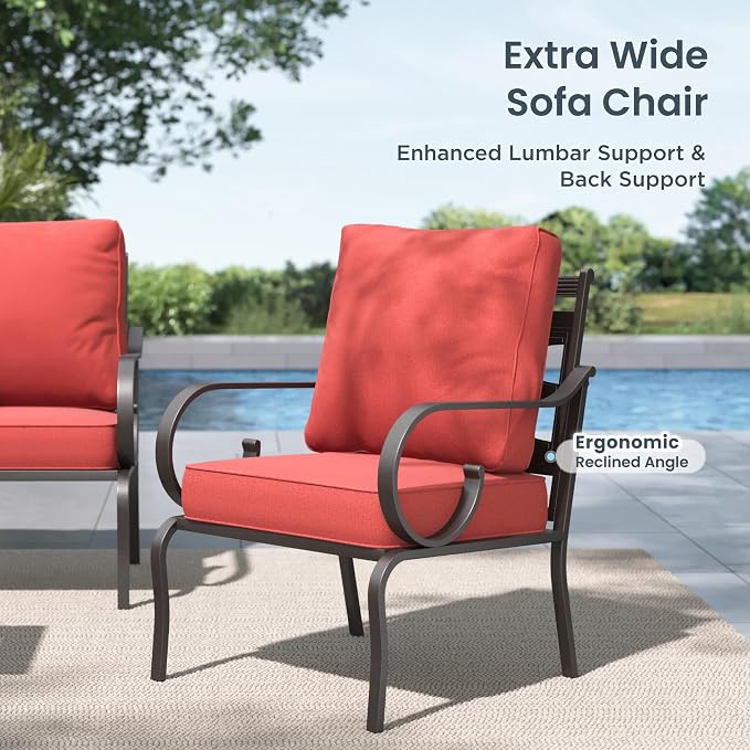 PHI VILLA Patio Furniture Set, a Loveseat, 3-Seater Sofa, 2 Fixed Chairs, and a Coffee Table, Outdoor Metal Conversation Set with 5.75" Extra Thick Cushion for Garden Backyard Deck, Red