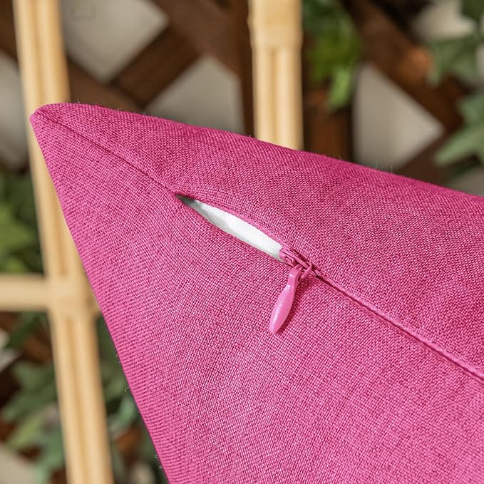 Outdoor Waterproof Throw Pillow Covers Hot Pink 20x20 Set of 2 | Decorative Farmhouse Linen Pillowcases Solid Cushion Cases for Patio Tent Balcony Couch Sofa Living Room