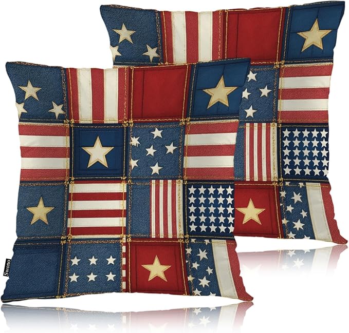 Swono Patchwork of American Flag Square Pillow Covers Cushion Covers, Grunge Denim USA Flag 18 X 18 Inch Set of 2 Throw Pillow Cover Pillowcases Home Decorative for Couch Sofa Car Bedroom, No Insert