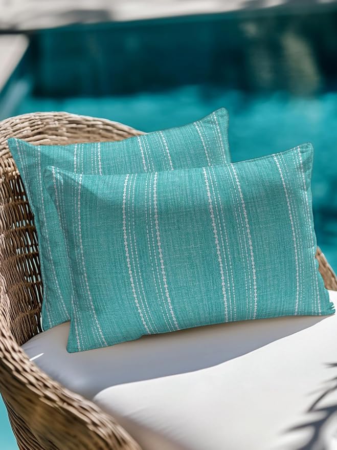 Waterproof Outdoor Pillow Set of 2 Aqua Linen Stripes Decorative Throw Pillows Cover & Insert 20x12 Inch Lumbar Pillowcase Parallel Vertical Lines Pillows for Couch Sofa Bed Patio Furniture