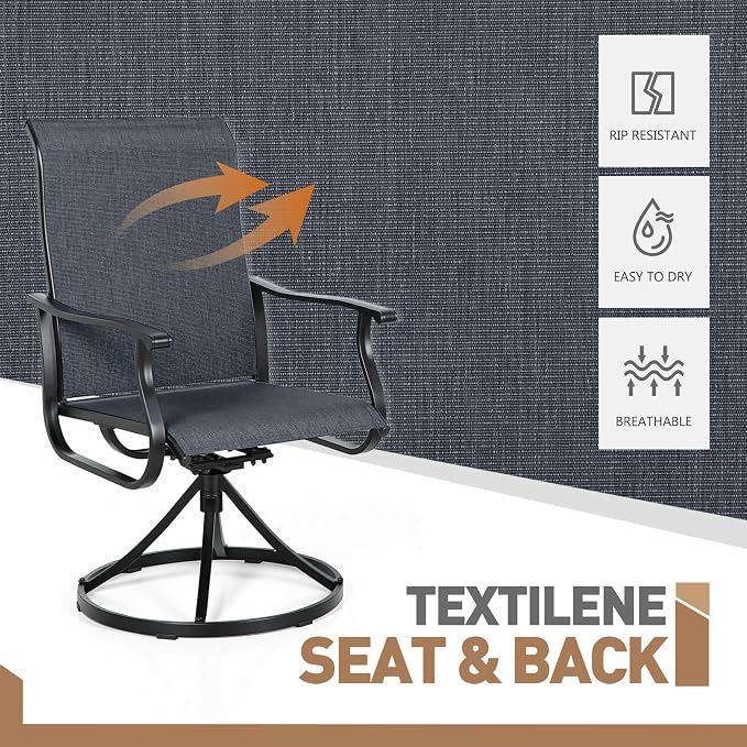 Crownland Outdoor Swivel Dining Chair Set of 2, All Weather 360° Swivel Rocking High Back Model Patio Dining Chairs, Textilene Fabric Wrought Iron Chair Set for Backyard, Lawn, Garden(Black)