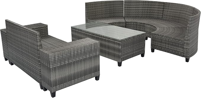 LUMISOL 8-Piece Outdoor Half-Moon Curved Sofa Set, Outdoor All-Weather Wicker Patio Conversation Set with Coffee Table and End Tables for Porch,Backyard, Gray