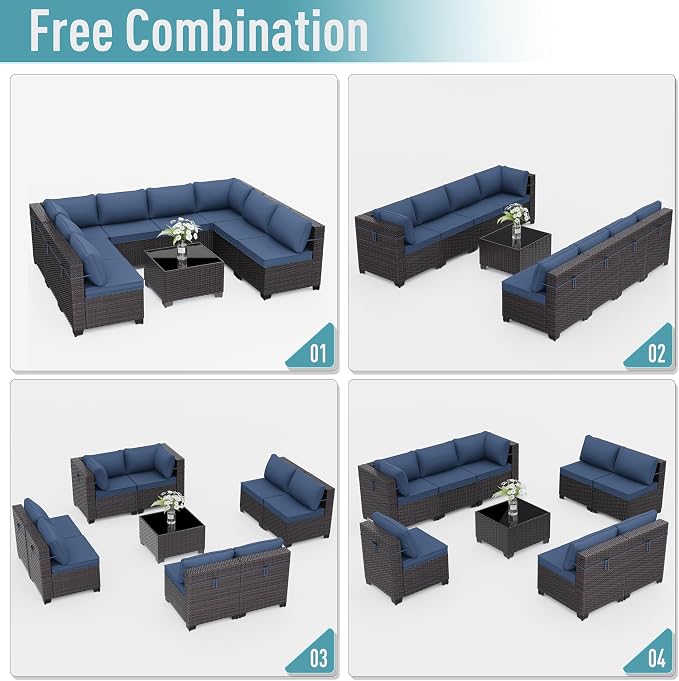ALAULM 9 Pieces Patio Furniture Set Wicker Patio Conversation Set, Outdoor Sectional Furniture w/Coffee Table & Washable Seat Cushions-Dark Blue