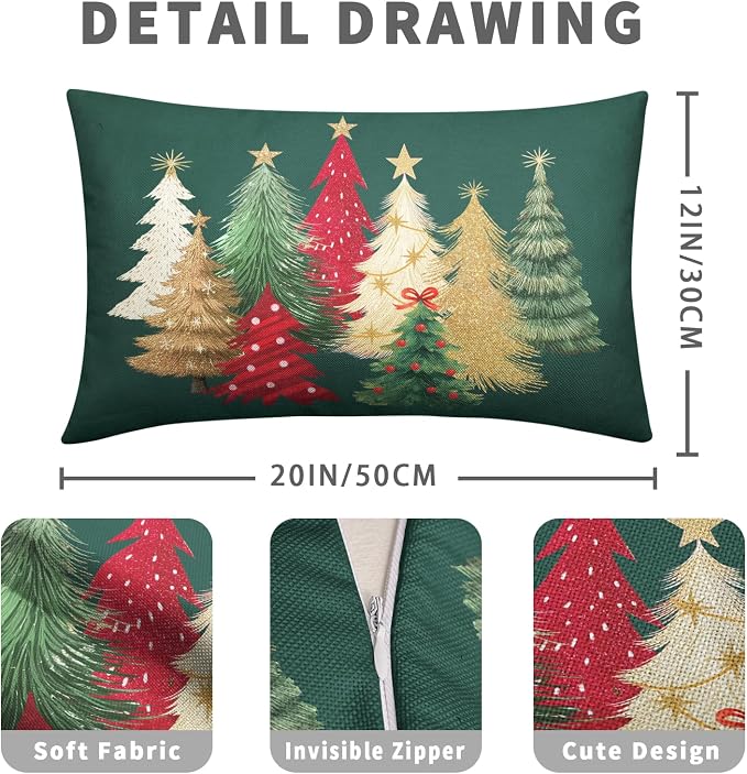 Green Christmas Lumbar Pillow Covers Christmas Tree Throw Pillow Case 12x20 Set of 2 Winter Xmas Rectangular Pillowcase Holiday Cushion Case for Living Room Bedroom Couch Sofa