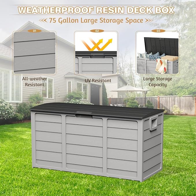 SUNCROWN 75 Gallon Deck Storage Box Resin Outdoor Storage Container with Handles for Patio Garden Yard Porch, Grey