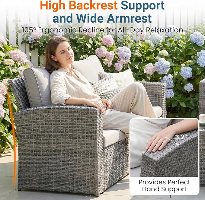 Wisteria Lane Patio Furniture Set, 5 Pieces Wicker Outdoor Furniture for All Weather, Patio Sofa with High Backrest Support and Wide Armrest for Backyard, Balcony, Deck, Porch, Light Gray