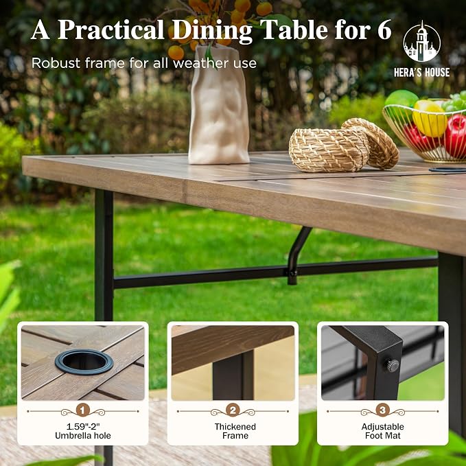 HERA'S HOUSE 7pc Outdoor Patio Dining Set, Wood-Look Metal Table, Blue | 6 textilene chairs, 64" rectangular table with umbrella hole. Waterproof, rust-resistant, all-weather for yard, porch
