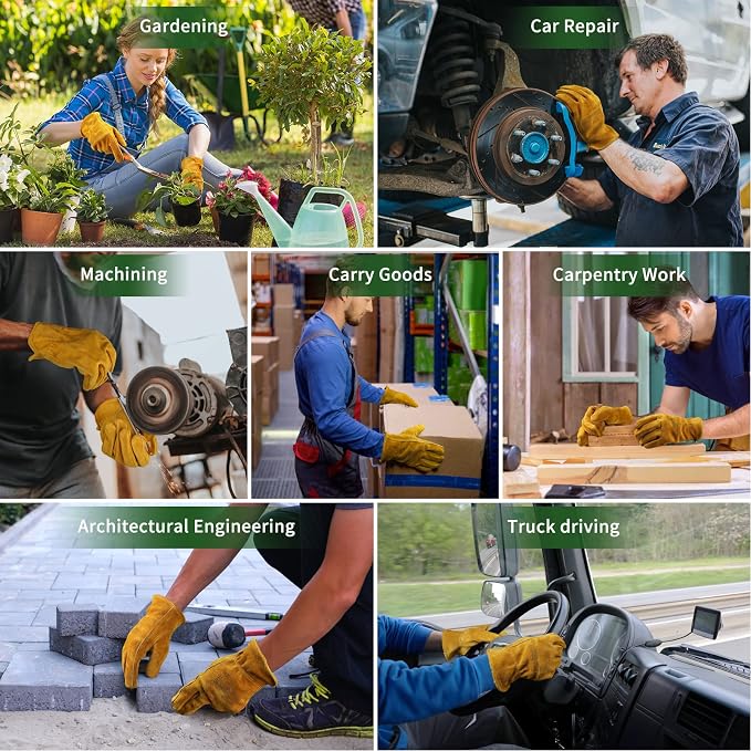 Leather Gardening Gloves for Men Women: Thorn Proof Cowhide Work Gloves | Garden Gloves for Yard Work, Reinforced Palm, Puncture Resistant, Breathable, for Rose Pruning, Heavy Duty, Construction