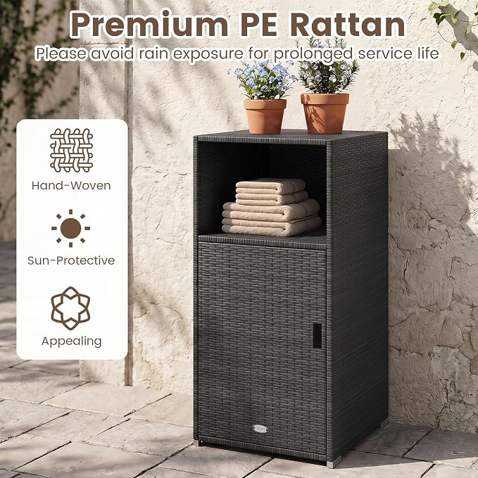 Tangkula Rattan Outdoor Storage Cabinet, Patiojoy PE Wicker Outdoor Cabinet with 3 Storage Shelves, Open Compartment and Door, Patio Storage Deck Box for Porch, Poolside, Backyard