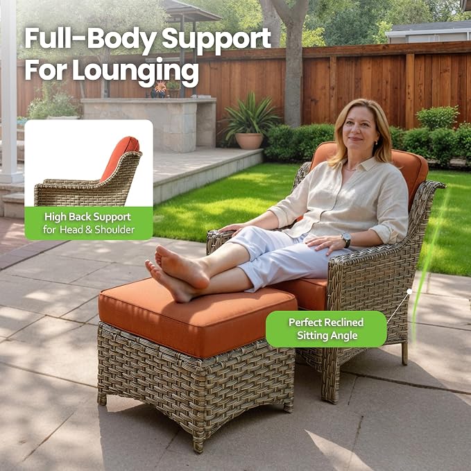 6 Piece Patio Furniture Set with Solar Lights Coffee Table, Outdoor Wicker High Back Sofa Chairs Ottomans with Cushions, All Weather Conversation Set for Backyard Porch Deck, Bold Orange