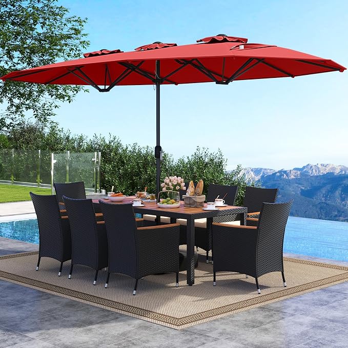 Tangkula 11 Piece Patio Wicker Dining Set w/Double-Sided Patio Umbrella, 8 Stackable Cushioned Chairs, 71" Acacia Wood Dining Table & 15 ft Umbrella with Weighted Base (Burgundy + Off White)