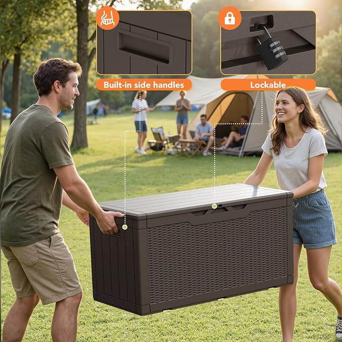 105 Gallon Deck Box Outdoor Indoor Waterproof Storage Box for Patio Furniture, Pool Accessories, Garden Tools, and Cushion Storage, Brown