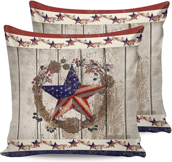 4th of July Outdoor Waterproof Throw Pillow Cover Farm Country Star USA Flag Decorative Pillows Cushion Covers Berry Plant Wreath Wood Grain 2 Pack Pillow Cases for Patio Garden Balcony 16x16In