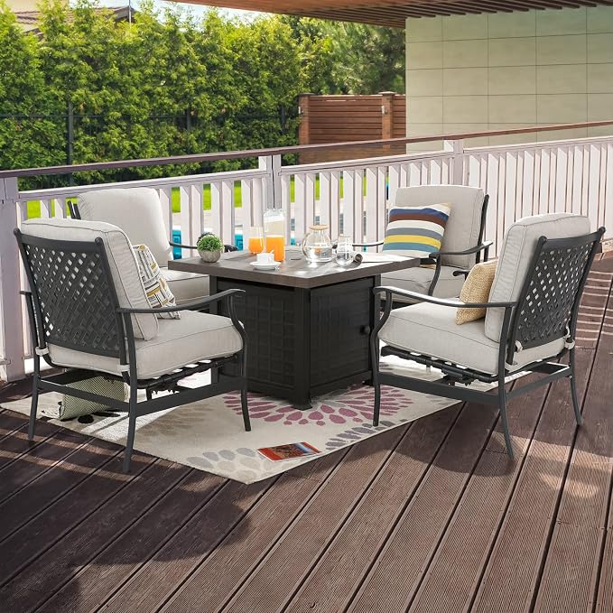 Patio Conversation Set Outdoor Furniture Sets CSA Certification 50,000 BTU 33.9 Inch Propane Fire Pit Table with Rocking Chairs (5 Pcs,Beige)