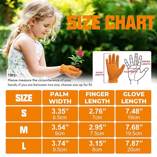 HANDLANDY Kids Leather Gardening Gloves, Kid Work Gloves, Orange, M | Durable Soft Breathable Yard Work Cycling Outdoor Playing Glove for Age 2-9, for Children, Boys, Girls, Toddlers, Great Gift