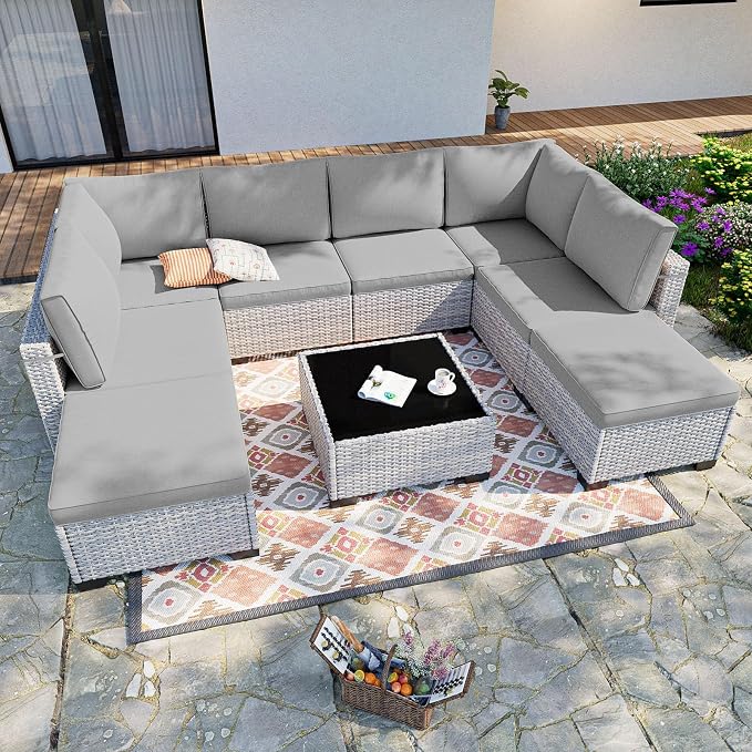 9-Piece Patio Furniture Set, Outdoor Sectional with Ottomans, Modular Patio Sofa, Dual-Strand Wicker Rattan, Rust-Resistant Frame, Backyard Furniture for Garden, Deck, Gray