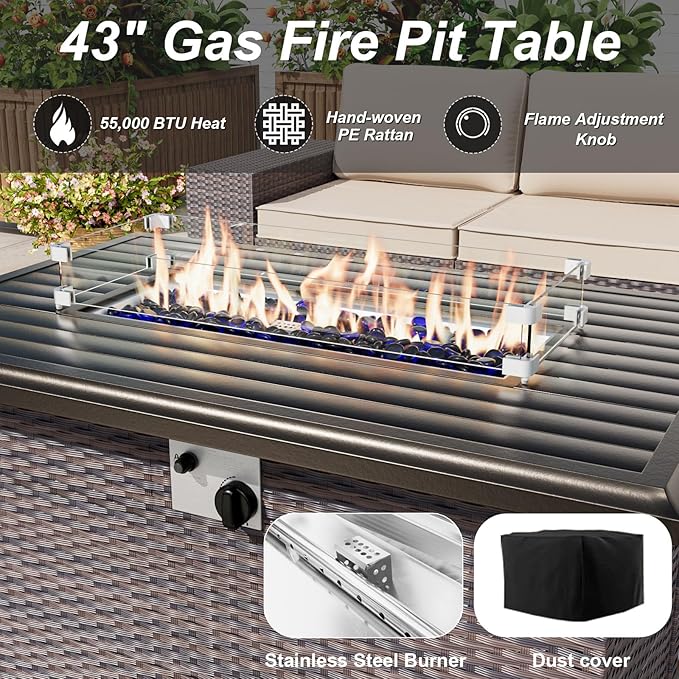 ALAULM 13 Pieces Outdoor Patio Furniture Set with Propane Fire Pit Table Outdoor Sectional Sofa Sets Patio Furniture 43" Gas Fire Pit Brown PE Rattan Patio Conversation Set w/10 Cushions (Rose Red)