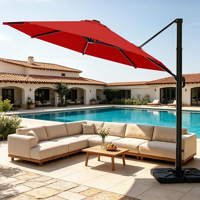 AreShark 10FT Cantilever Patio Umbrella, 360-Degree Rotation Round Hanging Offset Umbrella with Crank, Heavy Duty Patio Umbrella for Patio, Pool, Garden, Deck, Red