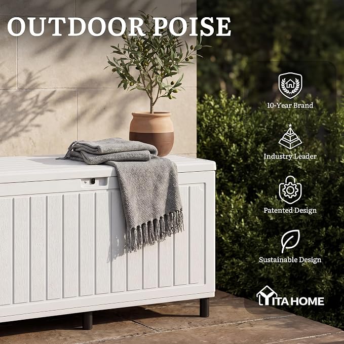 YITAHOME 90 Gallon Outdoor Storage Box with 6 Heavy-Duty Metal Legs & Ergonomic Dual Handles, Large Double-Wall Resin Deck Box, Lockable Waterproof Patio Organizer for Furniture, Cushions, White