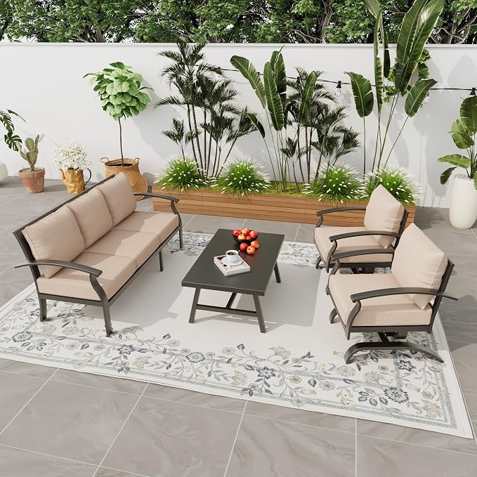 Metal Patio Furniture Set,4 Pieces 5 Seats Patio Sectional Outdoor Furniture Set with Rectangular Coffee Table,Patio Conversation Sets with 5.1" Thickened Cushions,SandSand