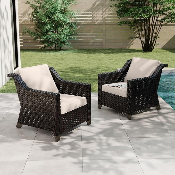 Patio 2 Pieces Wicker Chairs Set of 2，Outdoor PE Rattan Armchairs, Water-Resistant Cushions with Removable and Washable Covers, Porch, Balcony, Sunroom (Beige)