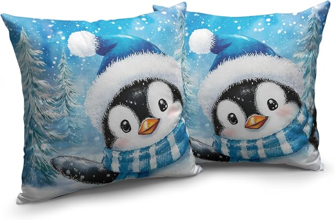 Winter Decorative Pillow Covers 16x16 Penguin Pillow Case Set of 2 Blue Winter Cotton Linen Cushion Case for Holiday Decorations Couch Outdoor Living Room