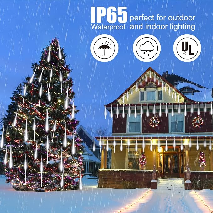 Brightown Meteor Shower Lights Outdoor, 16 Inches 16 Tubes 576 LED Icicle Lights, Waterproof Meteor Christmas Light, Hanging Falling Rain Light for Tree Bushes Holiday Party Christmas Decor,White