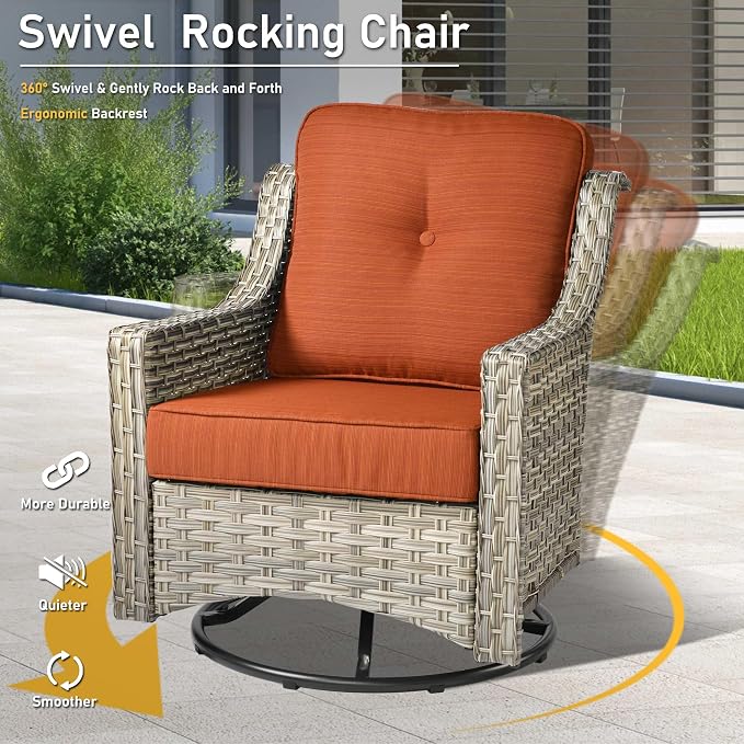 HOOOWOOO 5 Piece Patio Furniture Conversation Sets with Swivel Rocking Chairs,Outdoor Wicker Furniture with LED Tablet,All Weather Resistant High Back Rattan Conversational Set(Orange Red)