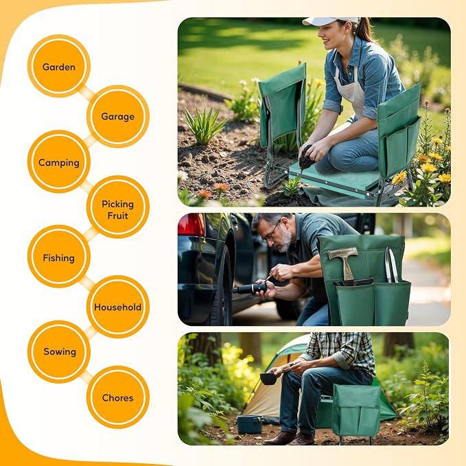 Simple Deluxe Garden Kneeler and Seat, Foldable Kneeling Stool with Thicker EVA Foam Pad, Heavy Duty Bench with 2 Tool Pouches, Gifts for Outdoor Gardening, Fishing, Green.